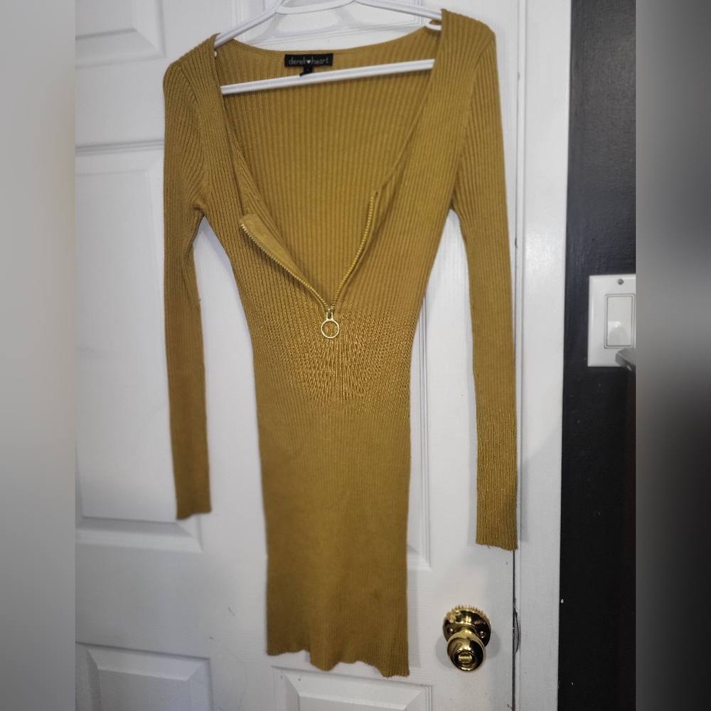 Mustard yellow mini sweater dress Derek Heart gold zipper detail ribbed